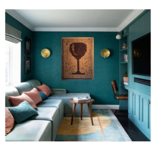 Half full-2021. A large found object artwork, recycled wine corks assemblage in shape of large red wine glass