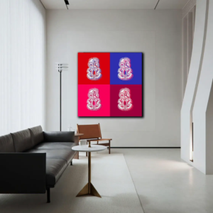 Large artwork titled: 4 Tiki's ,premium digital canvas ,framed and placed in a contemporary loft setting.